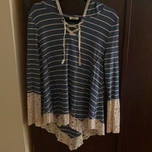 Kori America size medium blue and cream striped long sleeve shirt with lace.